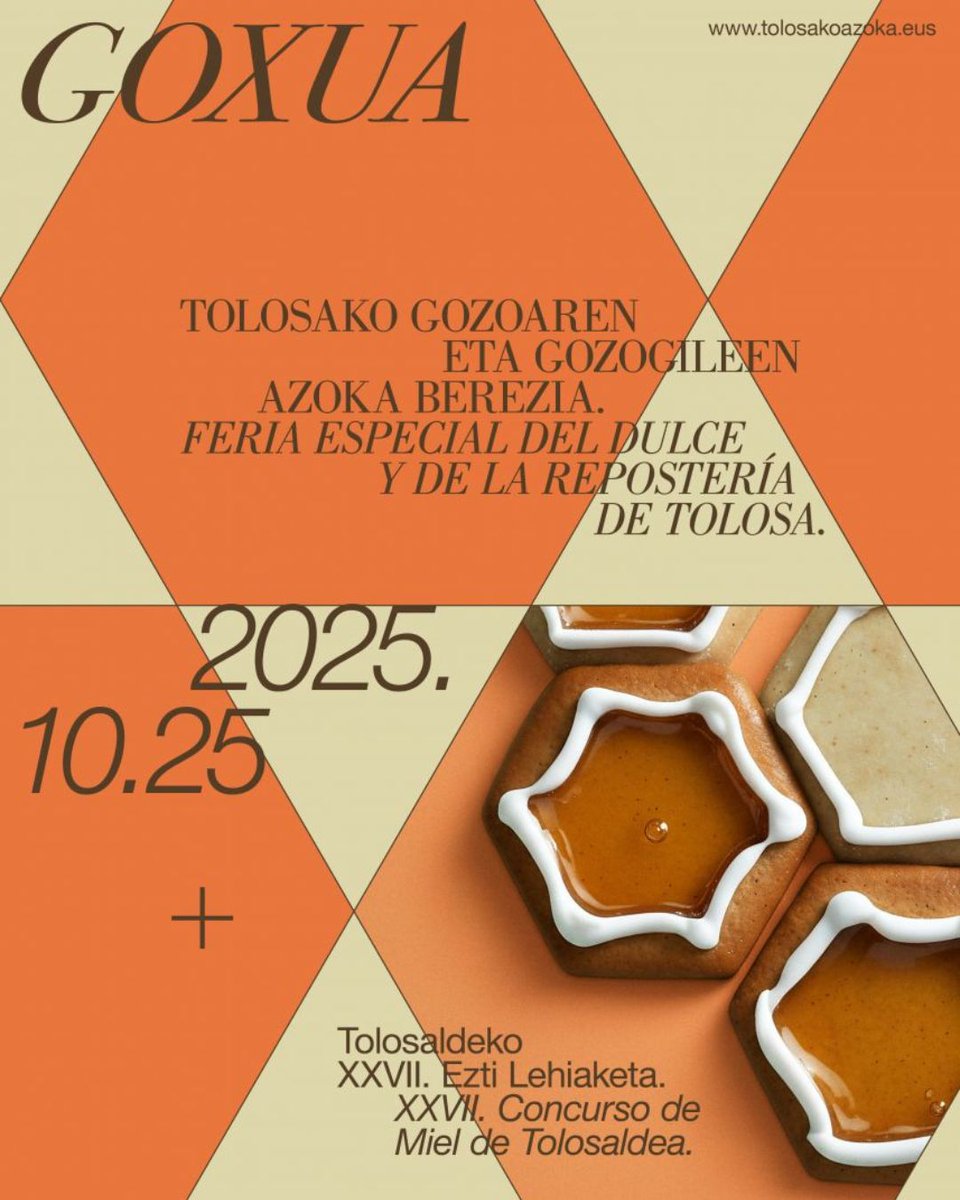 🍯🎂 Tolosa Goxua azoka, urriak 25, 09:00-14:00
📍 Triangelu plaza

Abaraska galleta, eztia, sagar-tarta lehiaketa, musika eta gozoak!

#TolosaGoxua #Tolosaldea
tolosaldea.eus/ekitaldia/xxx-…
