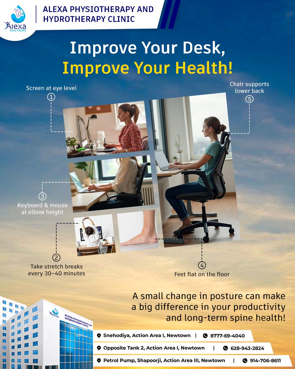Your desk can either support your spine or silently strain it! 
Set it right today to prevent future pain — because good posture starts where you work. 

📍 Locations:
* Snehodiya, AA I, Newtown
* Opposite Tank 2, AA I, Newtown
* Petrol Pump, Shapoorji, AA III, Newtown