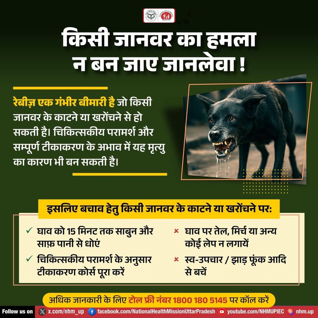 nhm_up's tweet image. 🐕‍🦺 रेबीज़ एक गंभीर बीमारी है, जो किसी भी जानवर के काटने या खरोंचने से हो सकती है। इसमें लापरवाही भारी पड़ सकती है। ऐसे में चिकित्सक के परामर्श अनुसार वैक्सीन लगवाएं।
⚕️ सावधानी ही सुरक्षा है। 💉

RabiesAwareness| AnimalBitePrevention| StaySafeStayAware| HealthAlert|…