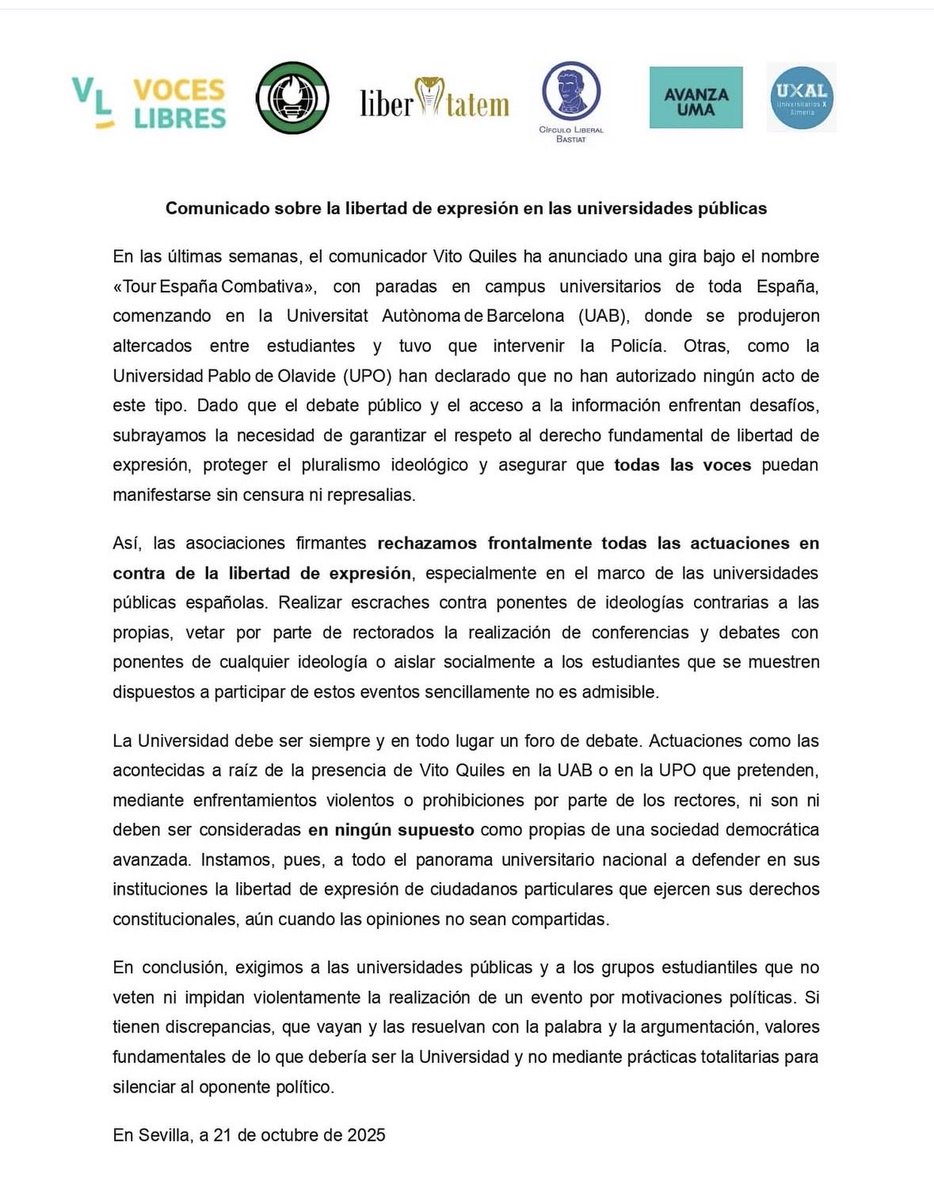 <a href="/NNGGAndaIucia/">NNGG AndaIucía 🇪🇸</a> y el <a href="/ppandaluz/">PP de Andalucía</a> instrumentalizando a las Universidades públicas con pseudo asociaciones estudiantiles para organizar actos a Vito Quiles.

Quieren convertir en un circo las Universidades, trayendo a gente que lo que hace es generar crispación y odio, que es lo que