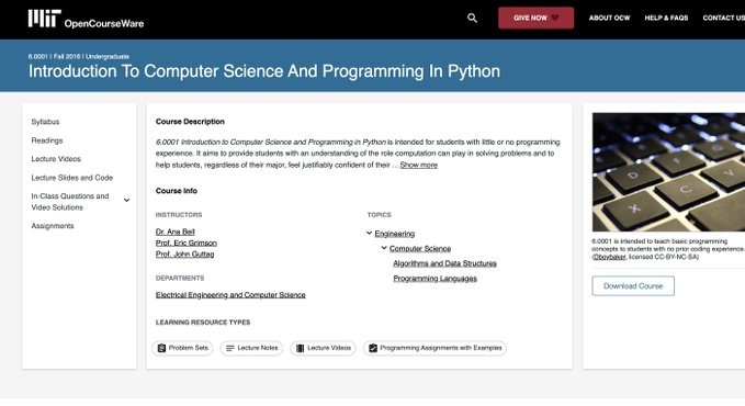 ItsKevinNexus's tweet image. 1️⃣ Intro to Computer Science (Python)
Learn to code from zero using practical examples.
🔗ocw.mit.edu/courses/6-0001…