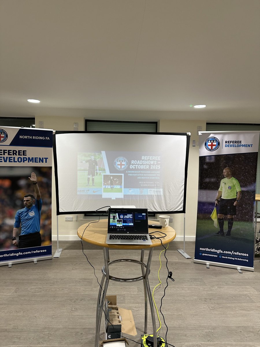 NRCFAREFDEV's tweet image. DEVELOPMENT | October has seen our @NorthRidingFA Referee Roadshows take place across the County in Middlesbrough, York, Scarborough &amp;amp; Catterick! It has been great to listen to the referees views &amp;amp; discussion with the key focus of each session being on ‘preventative refereeing’🙌