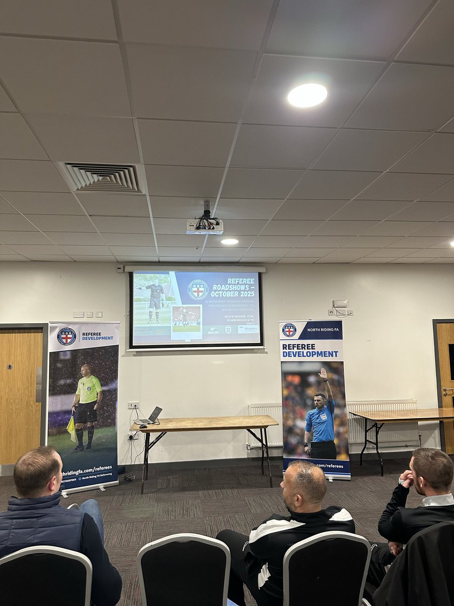 NRCFAREFDEV's tweet image. DEVELOPMENT | October has seen our @NorthRidingFA Referee Roadshows take place across the County in Middlesbrough, York, Scarborough &amp;amp; Catterick! It has been great to listen to the referees views &amp;amp; discussion with the key focus of each session being on ‘preventative refereeing’🙌