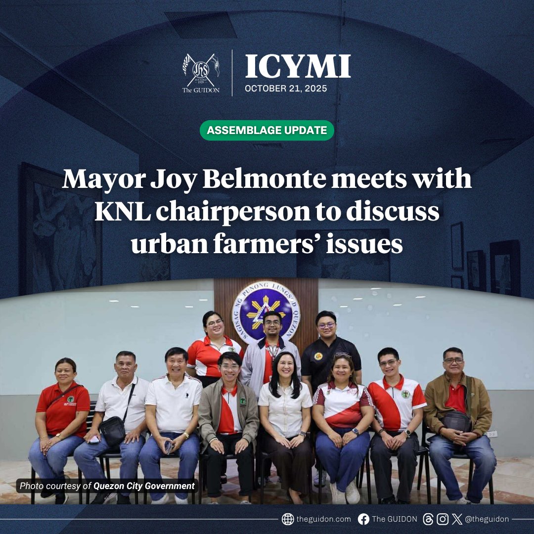 TheGUIDON's tweet image. ASSEMBLAGE: Quezon City Mayor Joy Belmonte met with Krus na Ligas (KNL) Chairperson Renz Perdido yesterday, October 20, to discuss the problems faced by KNL’s urban farmers, along with other issues in the barangay.
In the meeting, the local government promised to support the…