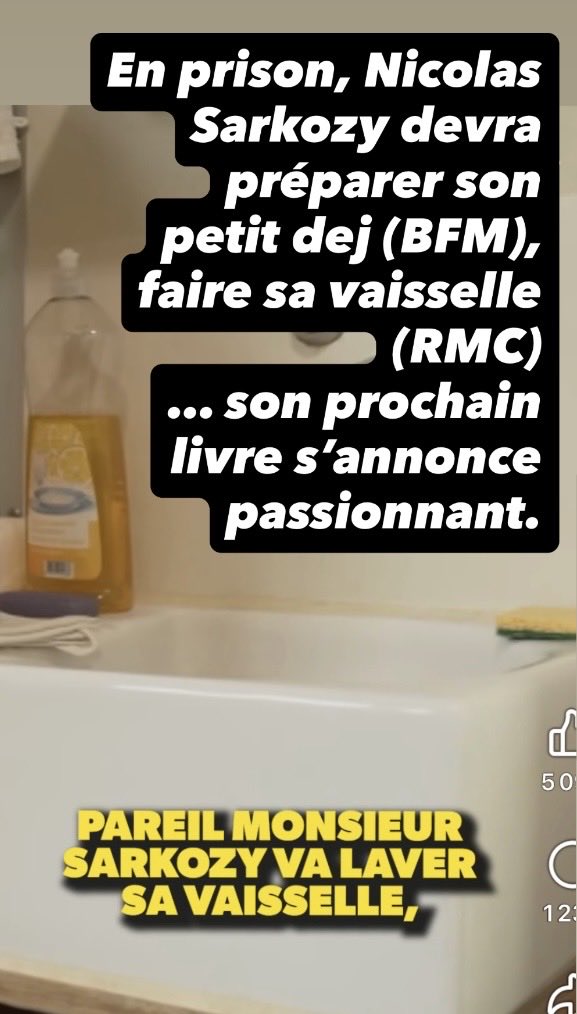 En prison, #nicolassarkozy devra préparer son petit dej (BFM), faire la vaisselle (RMC) … son prochain livre s’annonce passionnant.