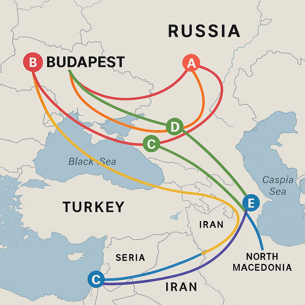 ompluscator's tweet image. When I asked ChatGPT to visualize potential routes of #Putin to #Hungary to meet with #Trump. Now I know where this "Aber-baijan" comes from.