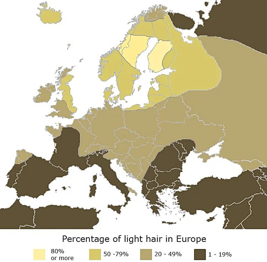 Distribution of blonde/light hair in Europe, according to Amazing Maps.