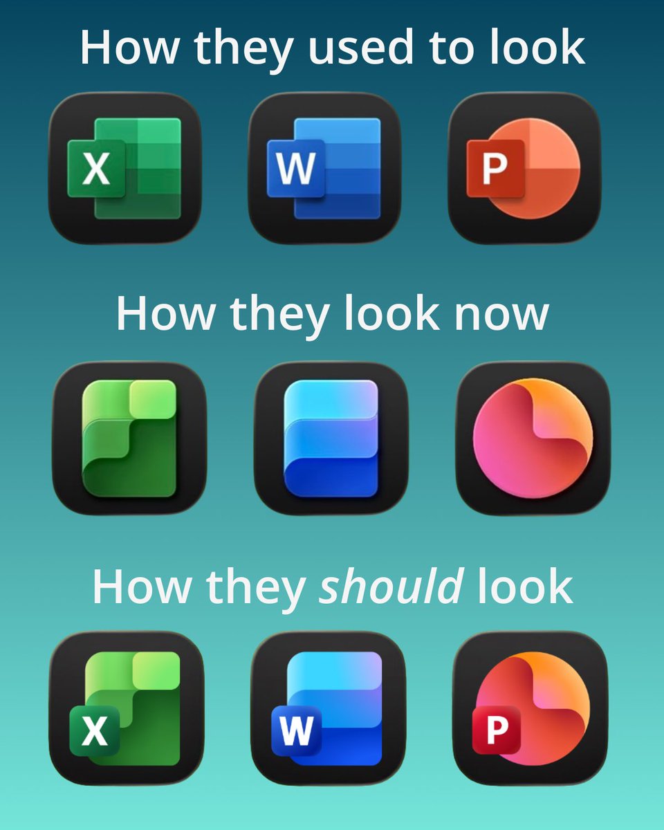Does anyone else think the new Microsoft 365 app icons on mobile look incomplete?

Take the Excel, Word, and PowerPoint ones, for example. It seems a strange design choice to remove the X, W, and P, but keep them for desktop.

Is there a good reason for this? I mean, surely you