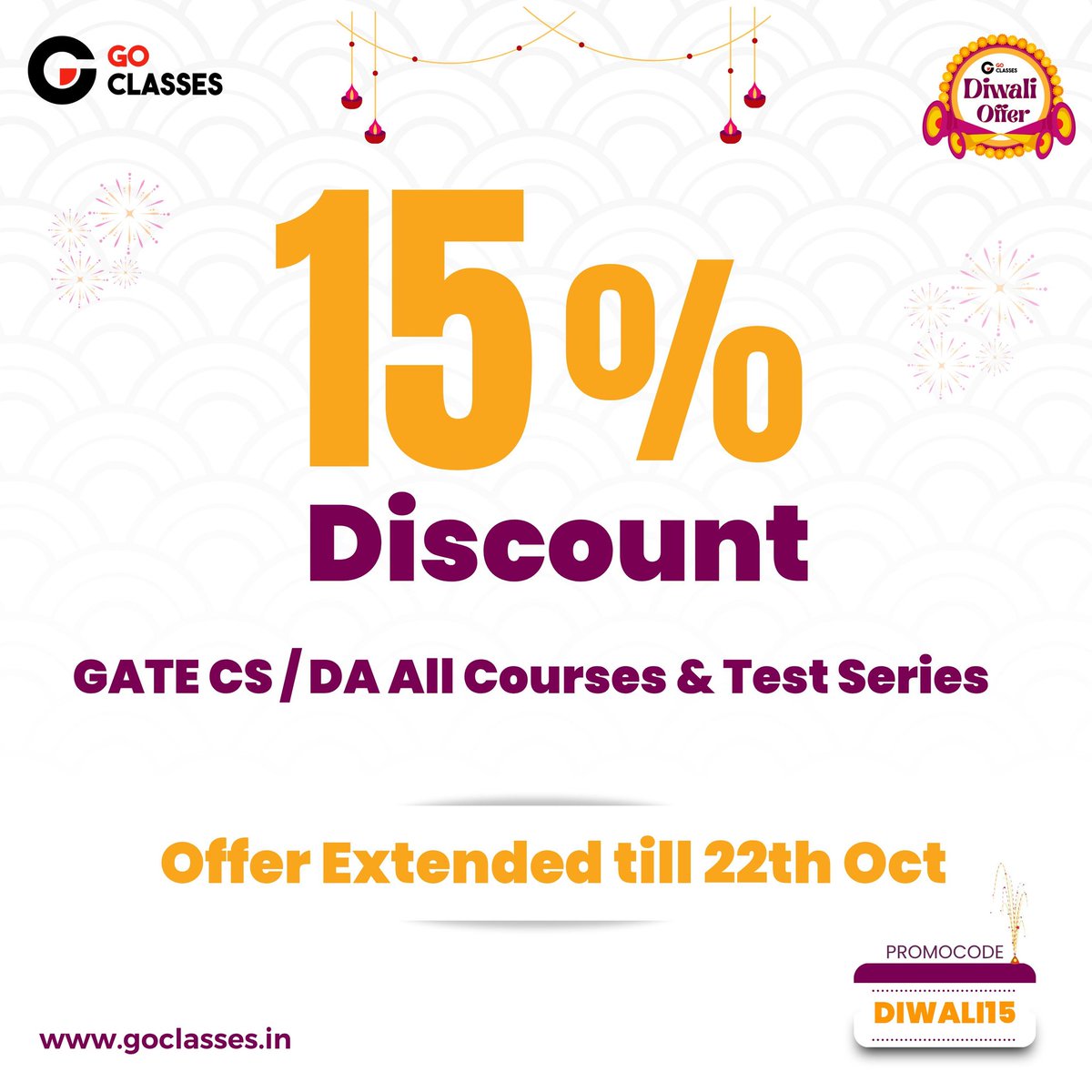 DeepakkPoonia's tweet image. GO Classes Diwali Offer EXTENDED till 22th October..
Don't Miss Out... Enroll Now ✅️
goclasses.in
🔹️Please Share with GATE aspirants whom it might help!!
#GoClasses #GateCSE #GateDA #GateCS