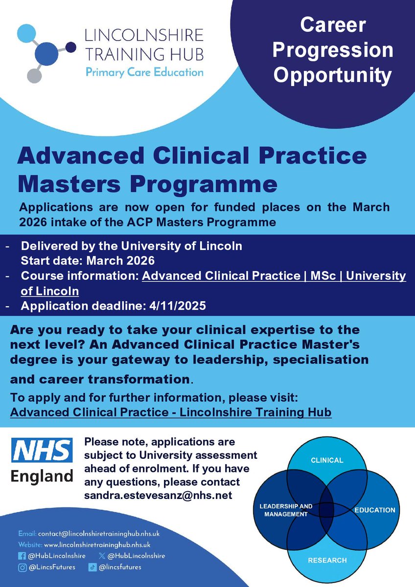 HubLincolnshire's tweet photo. A reminder that applications are open for funded places on the spring 2026 intakes of the ACP Masters programme and Independent Prescribing course. Take the next step in your career and apply today!

https://t.co/zwHkxfVD9g

Closing date 4th November. https://t.co/r6ECDozMpp