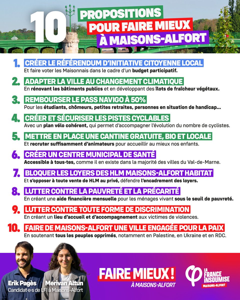 🪧10 premières propositions pour FAIRE MIEUX À #MAISONSALFORT !

Rejoignez-nous pour
👉Rompre avec le système Herbillon-Capitanio-Parrain et sa politique antisociale
👉Changer la vie des Maisonnais.e.s
👉L'écologie, les services publics, la démocratie. 

#lfi #municipales2026