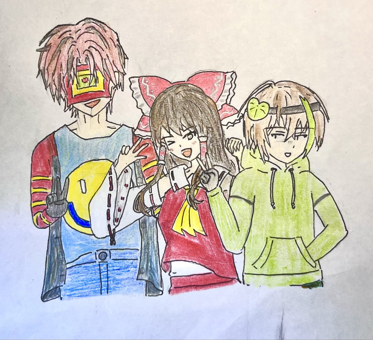 MoBthread's tweet image. 副長めんまの左から順に、チャシューさん、ゆっくり霊夢さん、スイレンさん を描いてみました！#副長めんま #menmartist