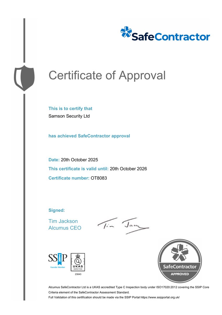 SamsonSecurity1's tweet image. ✅ Samson has once again been awarded the SafeContractor Certificate of Approval, recognising our ongoing commitment to health &amp;amp; safety and compliance across all operations.

#SafeContractor #Compliance #HealthAndSafety #Security @safe_contractor