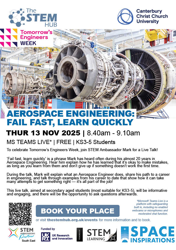 STEMHUB_SE's tweet image. Join @STEMAmbassadors Mark for a Live Talk 13 Nov during #TEWeek25. &quot;Fail fast, learn quickly&quot; has guided his 20yrs in #Aerospace #Engineering. Hear how mistakes fuel breakthroughs &amp;amp; persistence drives innovation tinyurl.com/ytepy58b @Tomorrows_Eng #teachers @_EngineeringUK