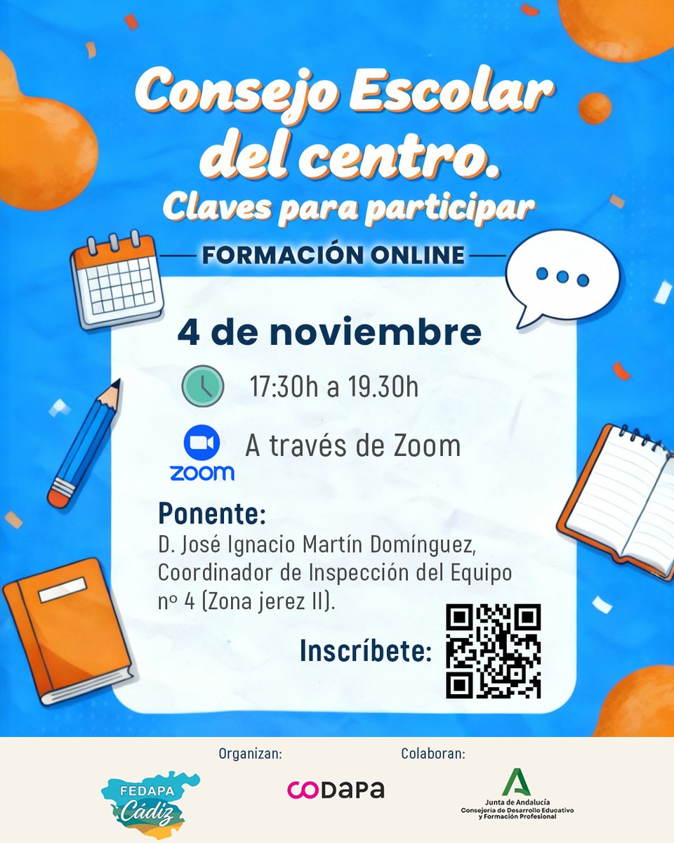 ¡Formación online "𝗖𝗼𝗻𝘀𝗲𝗷𝗼 𝗲𝘀𝗰𝗼𝗹𝗮𝗿 𝗱𝗲𝗹 𝗰𝗲𝗻𝘁𝗿𝗼, 𝗰𝗹𝗮𝘃𝗲𝘀 𝗽𝗮𝗿𝗮 𝗽𝗮𝗿𝘁𝗶𝗰𝗶𝗽𝗮𝗿"
📷 Martes, 4 de noviembre
📷Hora: De 17:30 h a 19:30 h
📷Plataforma: Por Zoom (te enviamos el enlace al inscribirte)
📷 Inscríbete ahora: forms.gle/5AvjLBgmpJLAXQ…