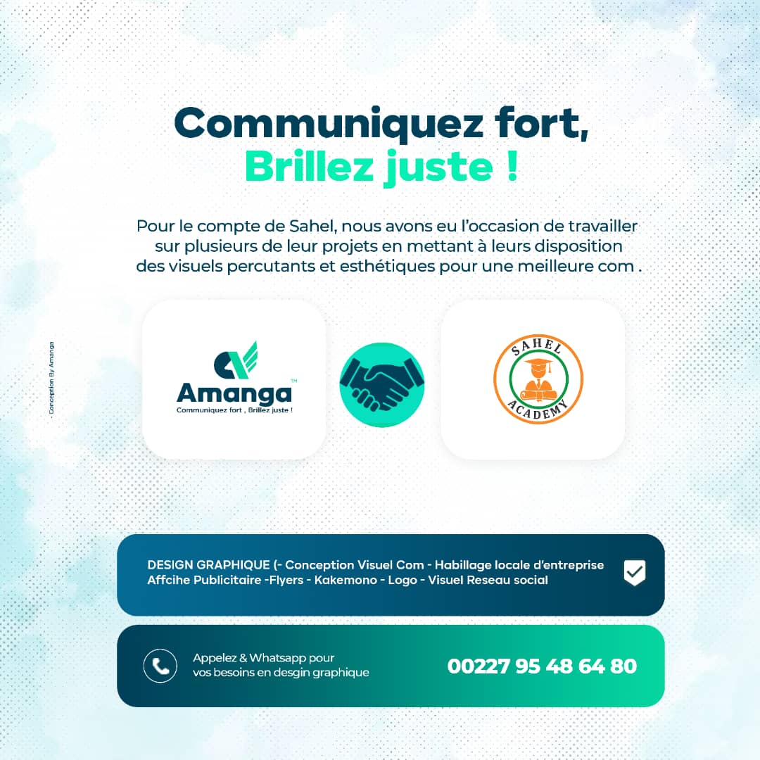 Issoufa_Soumana's tweet photo. Amanga 🤝Sahel 

📍 Visuels conçu"Un visuel engageant pour les réseaux sociaux , pensé pour capter l’attention et transmettre un message fort en 3 secondes."

#socialmedia #visuel #graphisme #designgraphique https://t.co/1TPM70oPLz