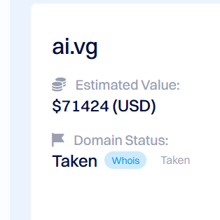 Well, i really love the appraisal tool of <a href="/Dynadot/">Dynadot 🦾</a> Very nice fair estimation. Especially if it's premium domain name for #Ai #Gaming #Industry, well done! Ai.vg to the next level!