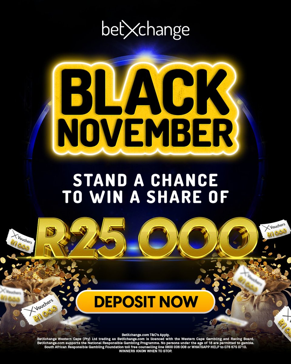 Betxchange's tweet image. It’s either you’re paying bills or winning big. But why not do both? 🤑🔥 

Deposit R100+ weekly &amp;amp; enter weekly draws for R1,000 cash and betting vouchers. That’s how we do Black November. Deposit now: betxchange.com/my-account/dep… 

#BlackFriday #BetXchange #BlackNovember