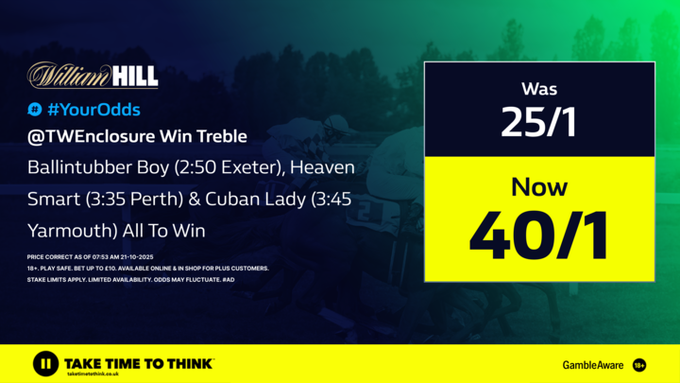 TWEnclosure's tweet photo. TUESDAY'S BOOSTED WIN TREBLE 🐴🐴🐴

✅ BALLINTUBBER
✅ HEAVEN SMART
✅ CUBAN LADY

🚀 Remains at a MASSIVE 40/1 with #WilliamHill

📲 Back it directly HERE --> https://t.co/LAatTmpE4s

AD | 18+ | https://t.co/KVtzVH05B6 | Always Gamble Responsibly | Play Safe https://t.co/0dUfxYwIlD