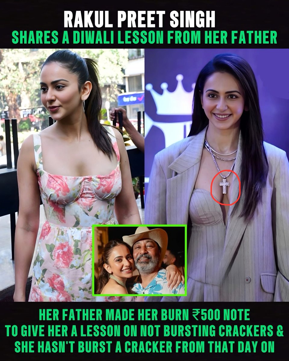 ssaratht's tweet image. Rakul Preet Singh shares a Diwali lesson from her father
“When I was a kid, I loved bursting crackers. One Diwali, my dad gave me a ₹500 note and said, ‘Go burn it.’ I was shocked! He explained, ‘That’s exactly what you’re doing when you burn crackers.’”
Since that day, Rakul…