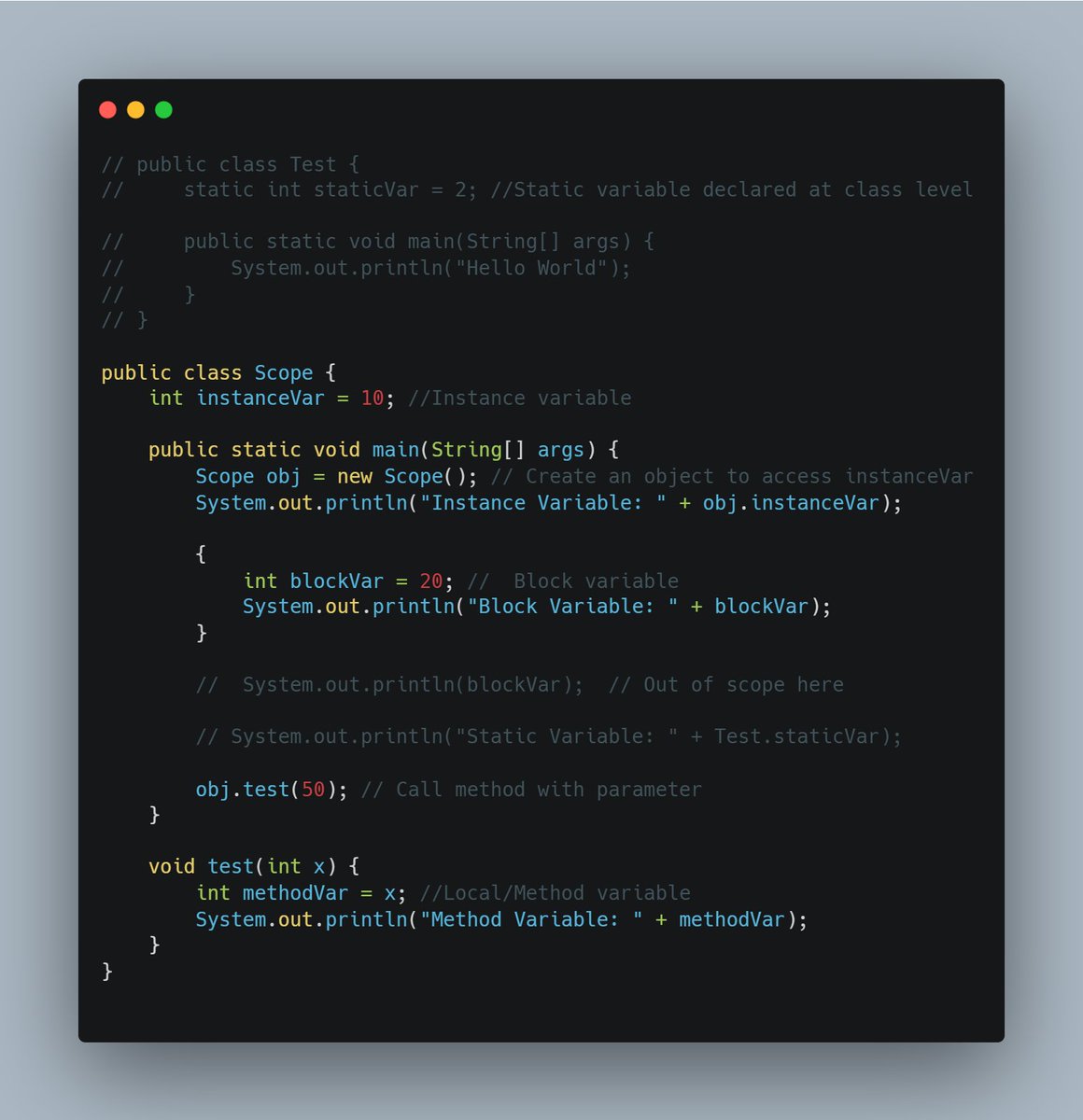 JhaAbhijit1's tweet image. Day 5 - Scope of Variables in JAVA
> Instance Variables - Declared inside the class but outside the function, they can be accessed anywhere in class
> Static Variables - Declared once and can be used anywhere (even outside the class)
> Local Varaiable - Variable declared inside…