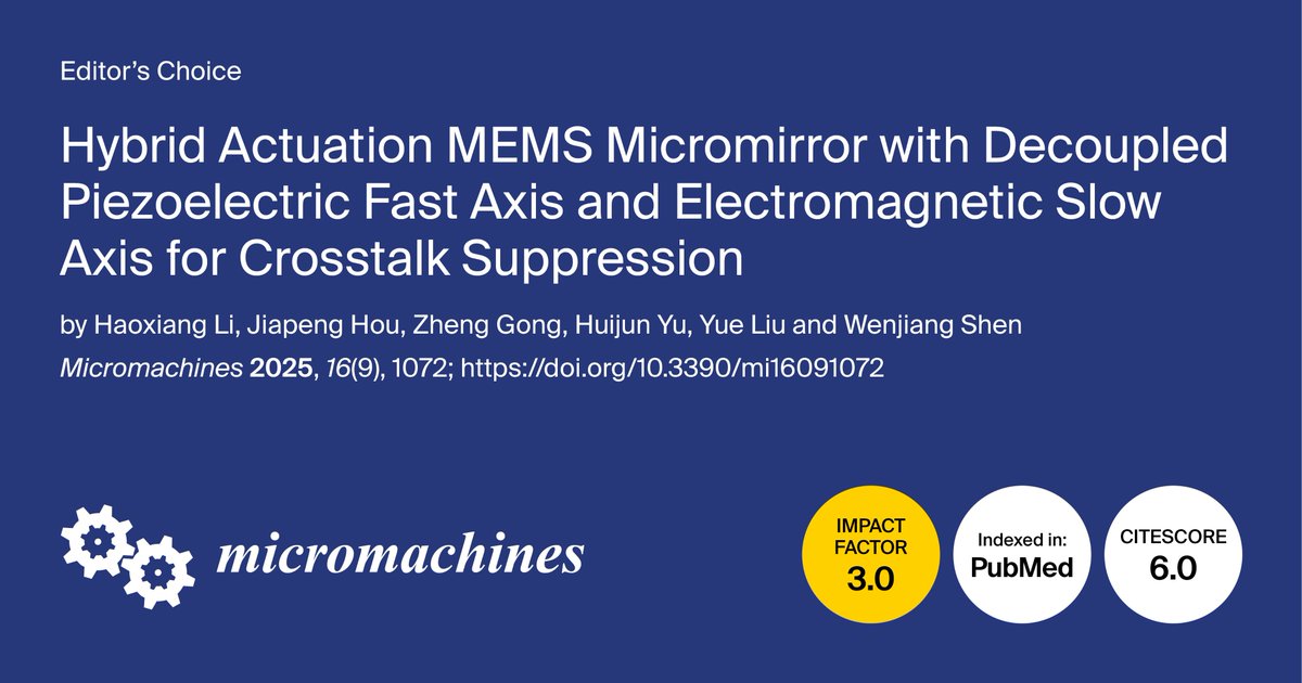 micromach_mdpi's tweet image. 👏 Welcome to read the Editor&apos;s Choice Paper: &quot;Hybrid Actuation MEMS Micromirror with Decoupled Piezoelectric Fast Axis and Electromagnetic Slow Axis for Crosstalk Suppression&quot;
🏆 Haoxiang Li et al.
🏫 @USTCGlobal 
👉 Full paper: mdpi.com/2072-666X/16/9…
#MEMS #Micromirror #Piezo