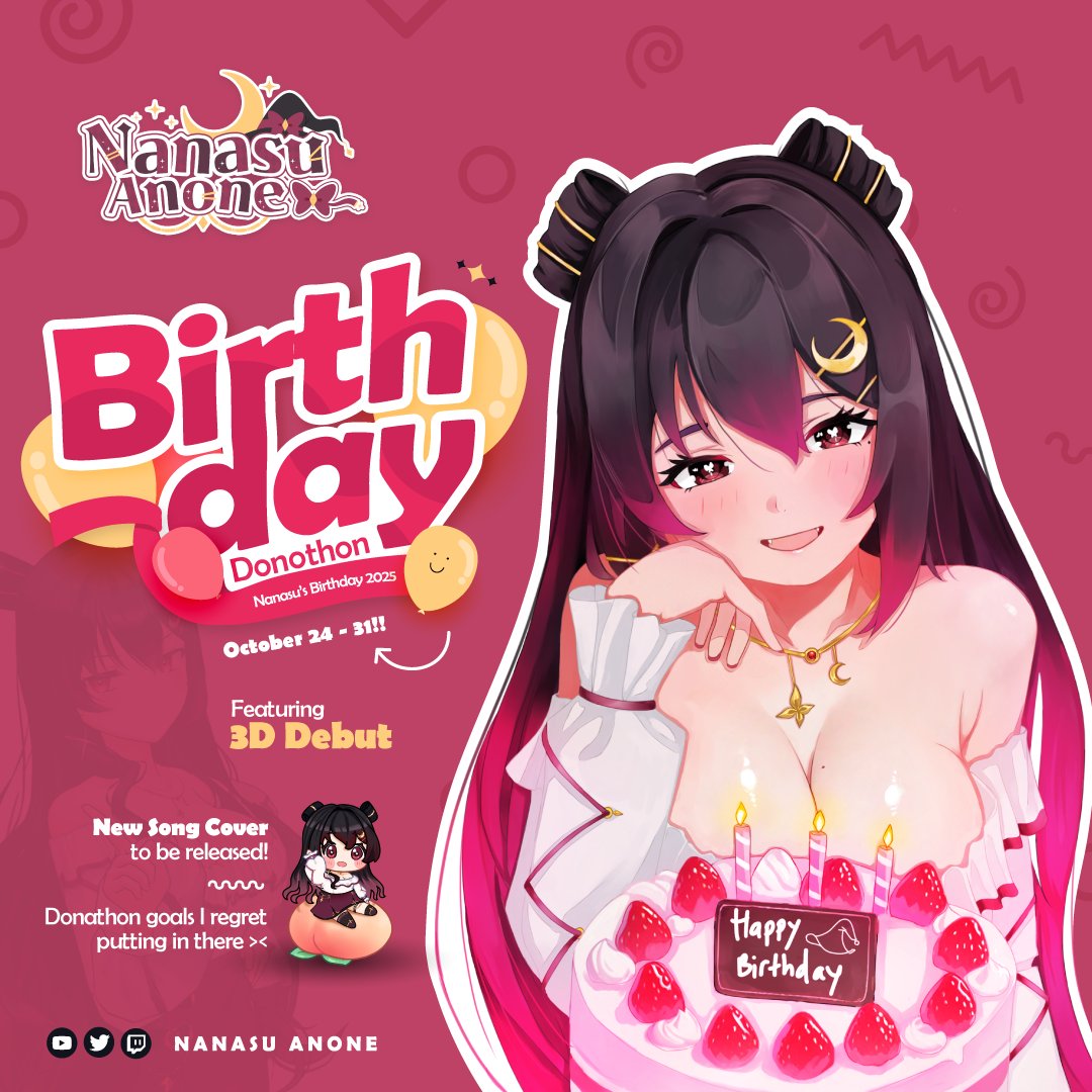 📢 Announcement!

My Birthday Donothon is happening from October 24 to 31! 🎂

💫 3D Debut 
🎵 New Song Cover

I’m so excited to celebrate and share everything I’ve worked on with you all 💕

♡︎/⟳ appreciated! ^^
🎨: @/kusatamama 

#Nanasu3D #NanasuBDay2025 #Vtuber