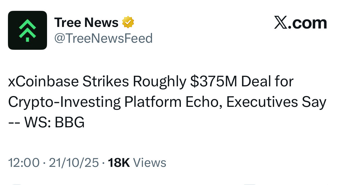 Tree News 推文截图：宣布 Coinbase 收购 Echo