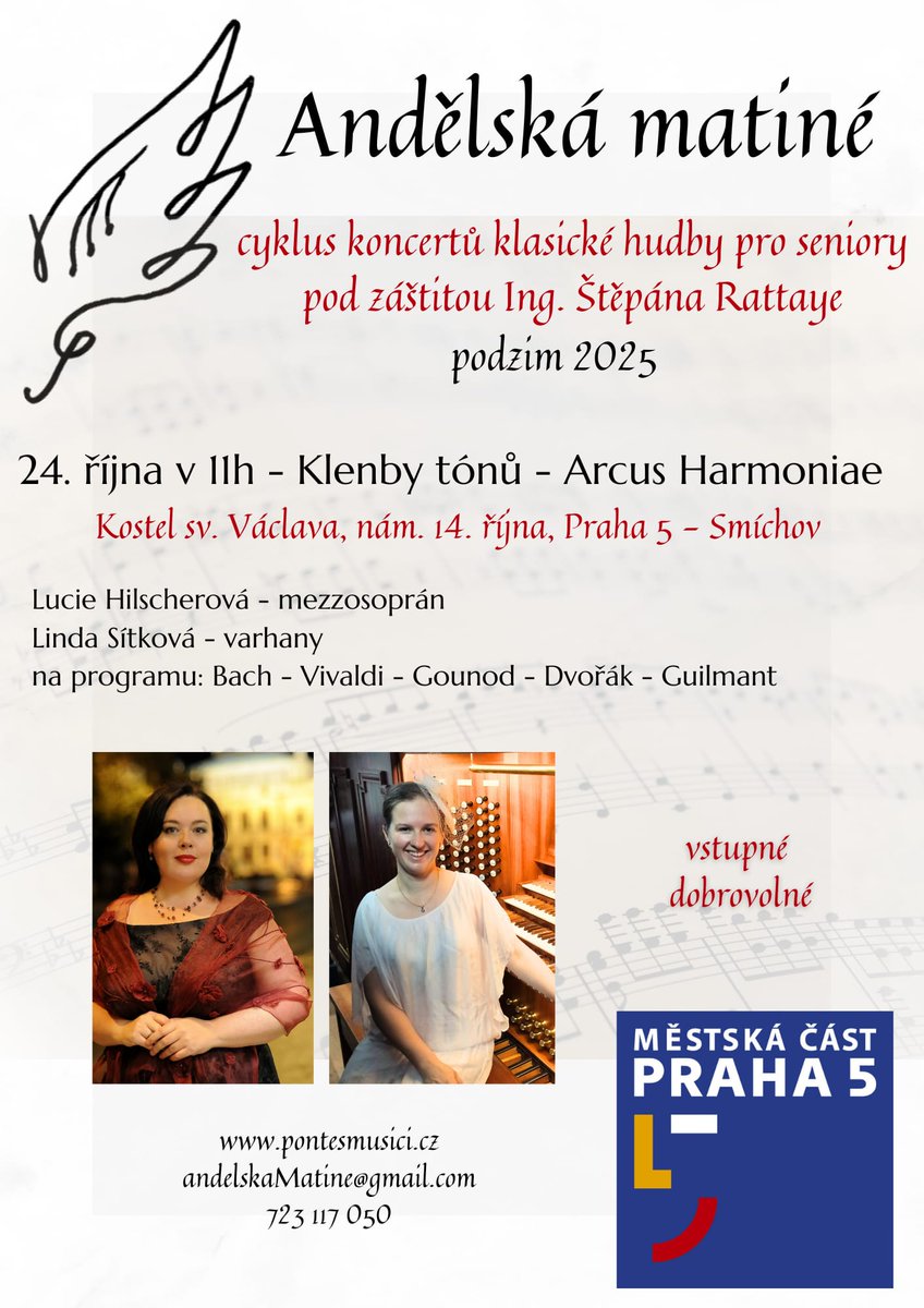 Poslední letošní koncert z oblíbeného cyklu Andělská matiné se uskuteční v pátek 24. října ve smíchovském kostele sv. Václava. Začátek je v 11 hodin🎼