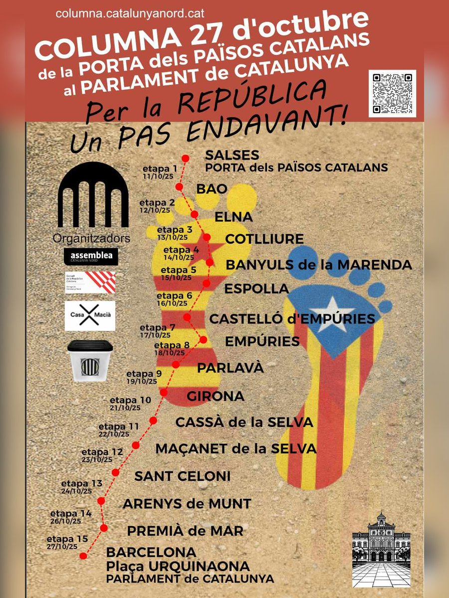 Motards,

Us recordem que la #Columna27 d’Octubre porta 10 dies caminant per la República, i diumenge 26 arribaran a Urquinaona!

Us cridem a donar suport logístic, caminant, rebent o animant-los per on passin!

columna.catalunyanord.cat

Salut, Gas i República!