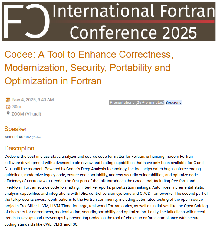 codee_com's tweet image. ⚡ Codee at #FortranCon2025!
On November, Manuel Arenaz (Codee) will present: “Codee: A Tool to Enhance Correctness, Modernization, Security, Portability and Optimization in Fortran.”

🗓 Nov 4, 2025 · 9:40 AM (CET)
💻 Zoom (Virtual)

🔗 See you there! events.fortrancon.org/event/1/contri…