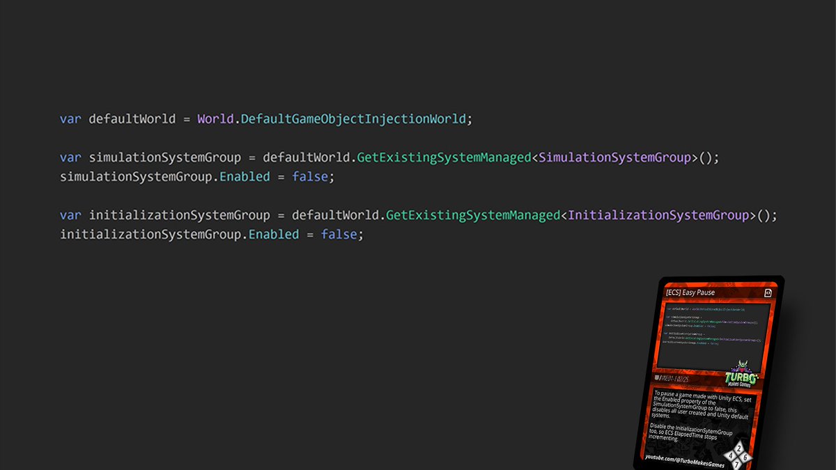 BinaryImpactG's tweet image. #UnityTips
Insider Ed. 02 of 25 by @TurboMakesGames
To pause a game made with Unity ECS, set the Enabled property of the SimulationSystemGroup to false: disables user created & Unity default systems.
Disable the InitializationSystemGroup: ECS ElapsedTime stops incrementing.
