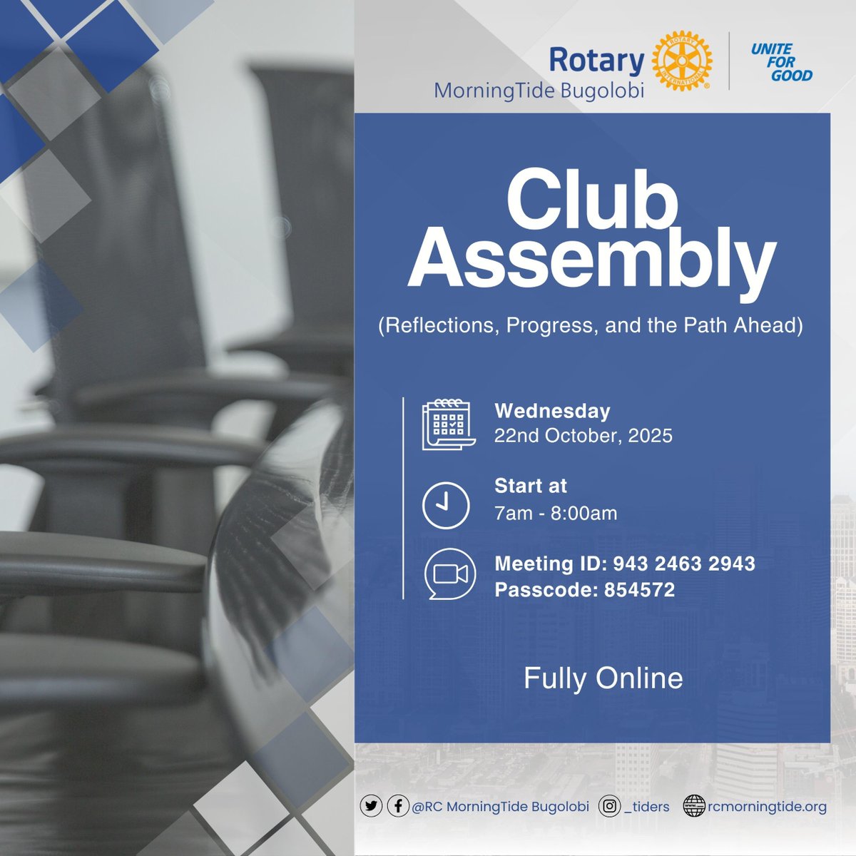 Join us for our Club Assembly as we Reflect, share progress and the Journey ahead. 22/10/'25. <a href="/KampalaMetro/">Rotary Kampala Metropolitan-D9213</a> <a href="/RotaryKlaCity/">Rotary Club of Kampala City</a> <a href="/RCkasangati/">Rotary Club of Kasangati</a> <a href="/rcbnuganda/">Rotary Club of Bweyogerere Namboole</a> <a href="/rcmx88/">RC Muyenga</a> <a href="/najjerarotary/">Rotary Club of Najjeera - D9213</a> <a href="/RotaryKiwatule/">Rotary Club of Kiwatule</a> <a href="/RKitante/">Rotary Club of Kitante</a> <a href="/amavaworld/">iamanya</a> <a href="/RCKSI/">Rotary Club of Kampala Ssese Islands</a> <a href="/MaishaRotary/">MaishaRotary</a> <a href="/RCUpperKololo/">Rotary Club of Upper Kololo</a> <a href="/rckampalanorth/">Rotary Kampala North</a> <a href="/KlaSpringers/">Rotary Club of Kampala Springs</a>