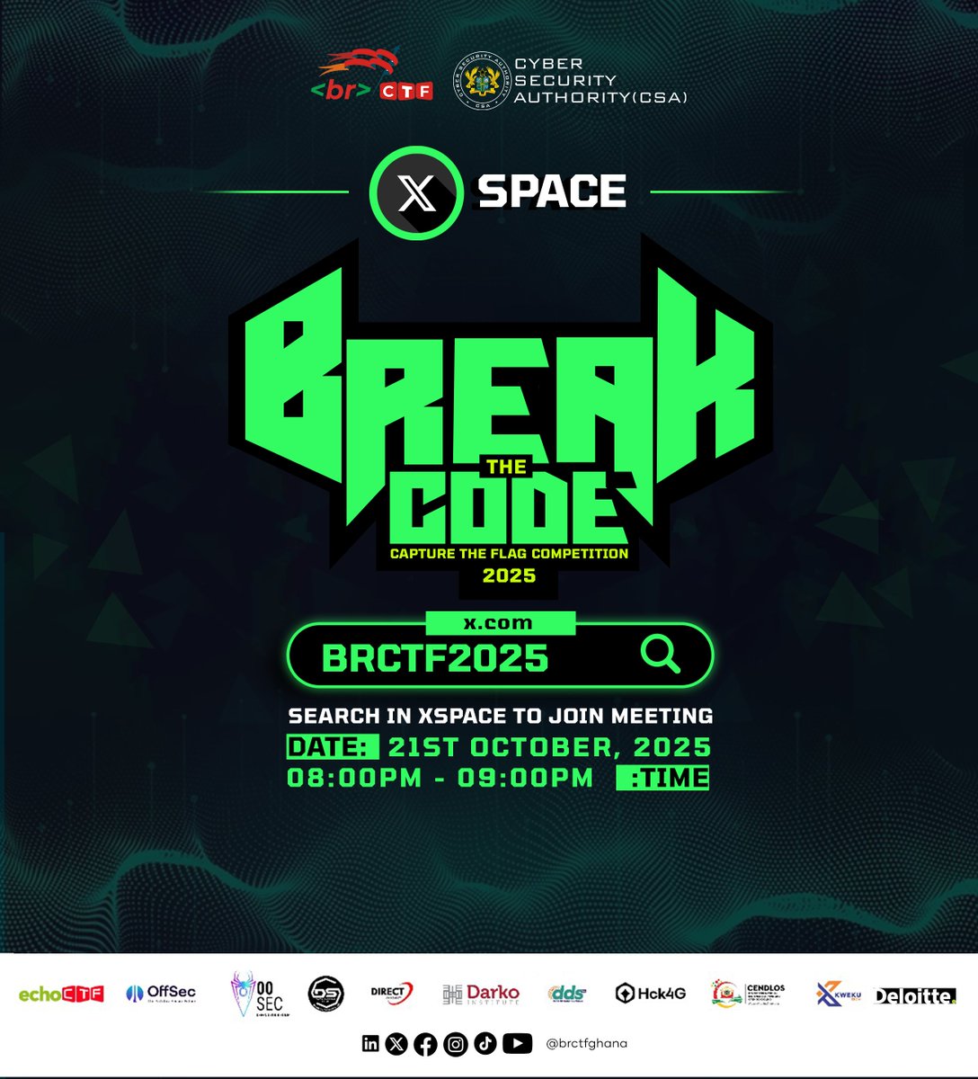 kwekutech's tweet image. Before we #BreakTheCode, let’s break all  your doubts.

Join our X Space on 21st October, 8:00–9:00 PM for an open conversation with the @brCTF team.

Come ask, learn, and get clarity before stepping into the arena.