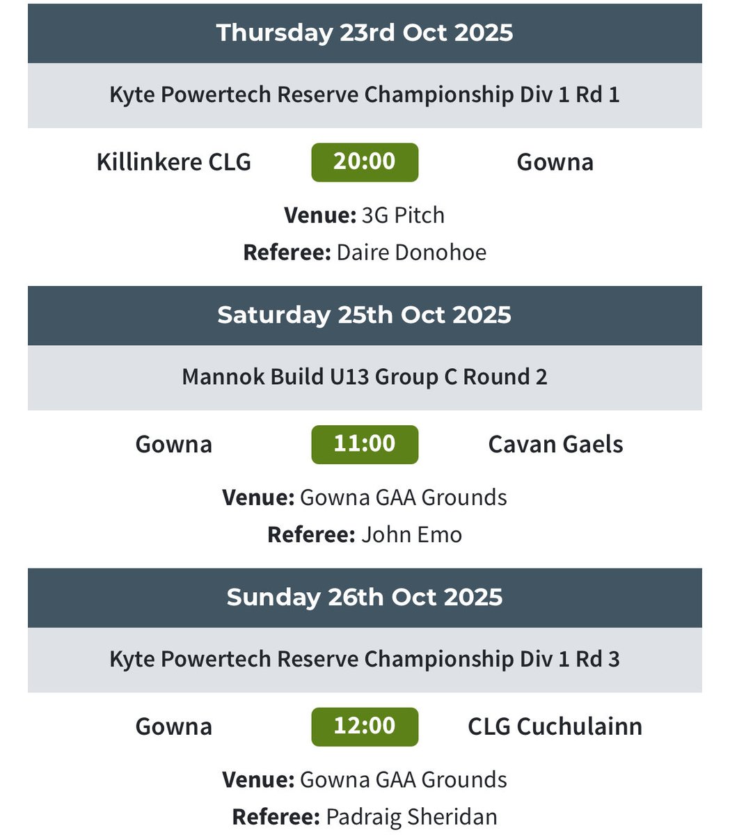 Our reserves are out twice this week playing <a href="/KillinkereGFC/">Killinkere GFC</a> Thursday at 8pm on the 3G Kingspan Breffni and then host <a href="/clgcuchulainn/">CLG Cuchulainn</a> on Sunday at 12pm