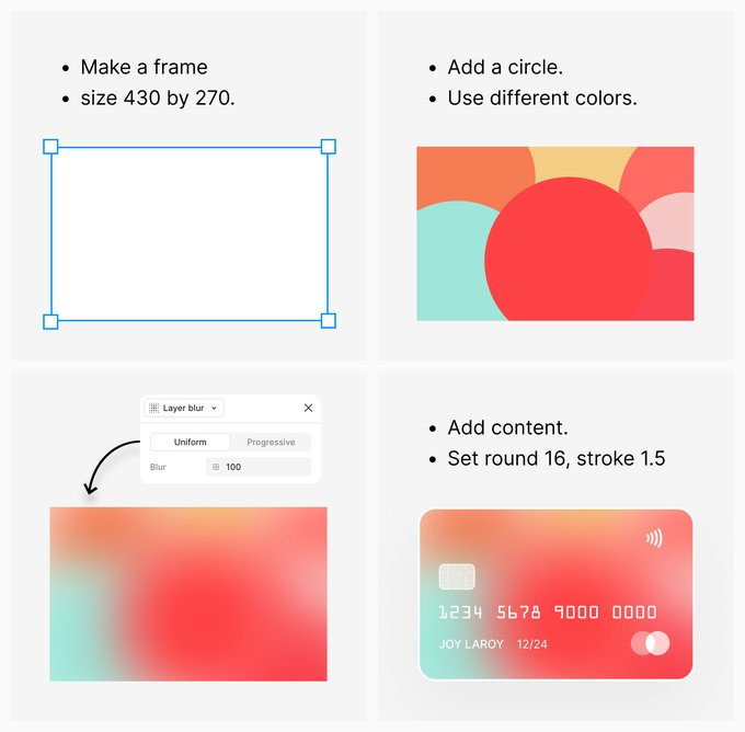 arjitkaurarora's tweet image. 🎨 How to make a modern credit card design in 4 simple steps:
1️⃣ Make a frame (430x270)
2️⃣ Add colorful circles
3️⃣ Apply a layer blur
4️⃣ Add details + polish
Perfect for UI/UX mockups 💳
#UIDesign #Figma #DesignTips