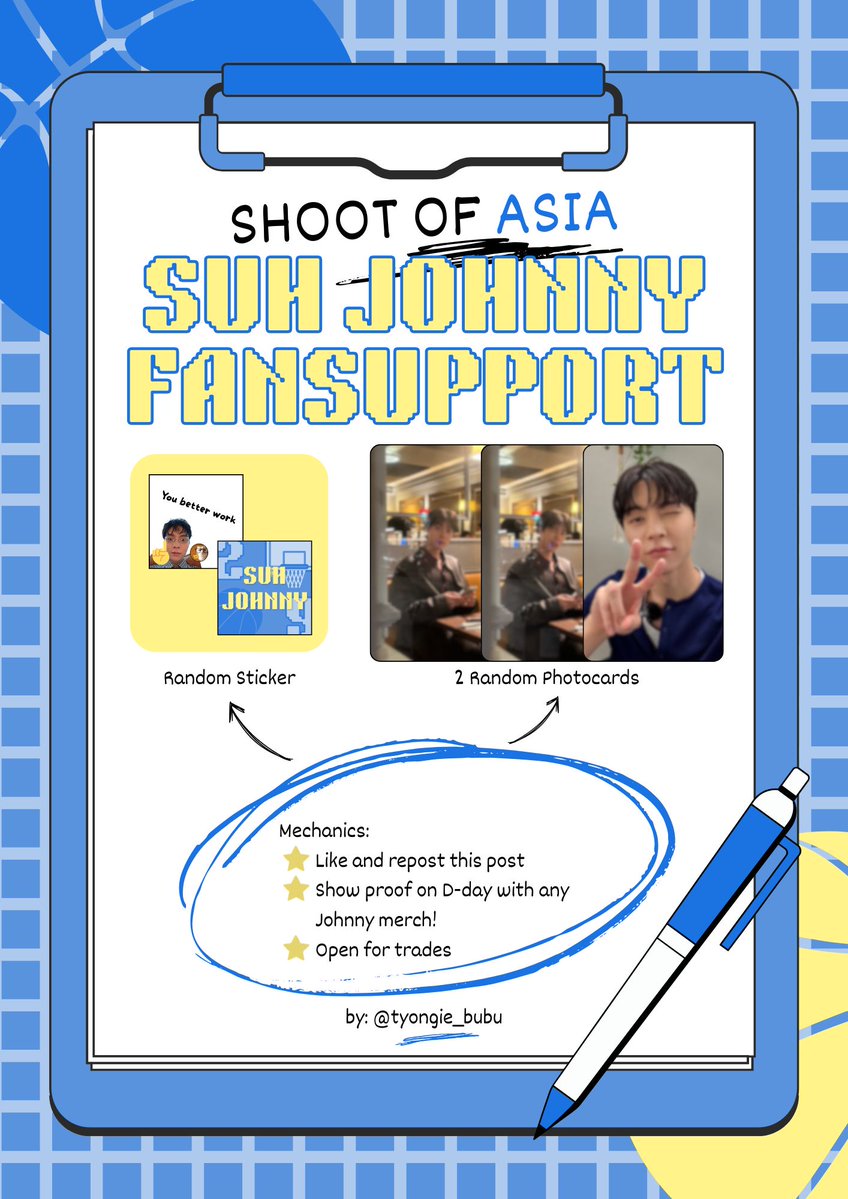 tyongie_bubu's tweet image. SHOOT OF ASIA fan support by @tyongie_bubu for Johnnyy~
Random sticker + 2 Random Photocards
Mechanics:
⭐️Like and repost this post
⭐️Show proof on D-day with any Johnny merch!
⭐️Open for trades
See you on D-day!!
#JOHNNY #DunkItJohnnySuh #BENCHShootOfAsia