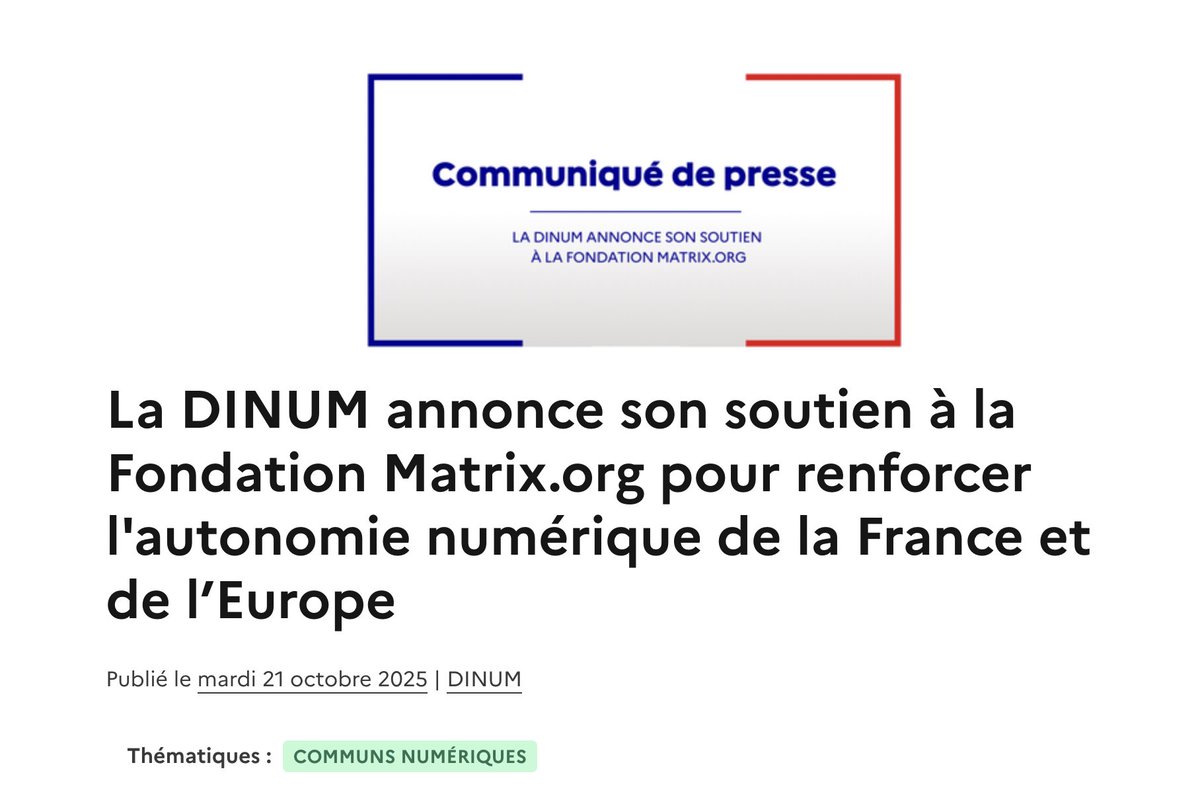 bearstech's tweet image. La DINUM annonce son soutien à la Fondation Matrix.org pour renforcer l’autonomie numérique de la France et de l’Europe
👉 numerique.gouv.fr/sinformer/espa…