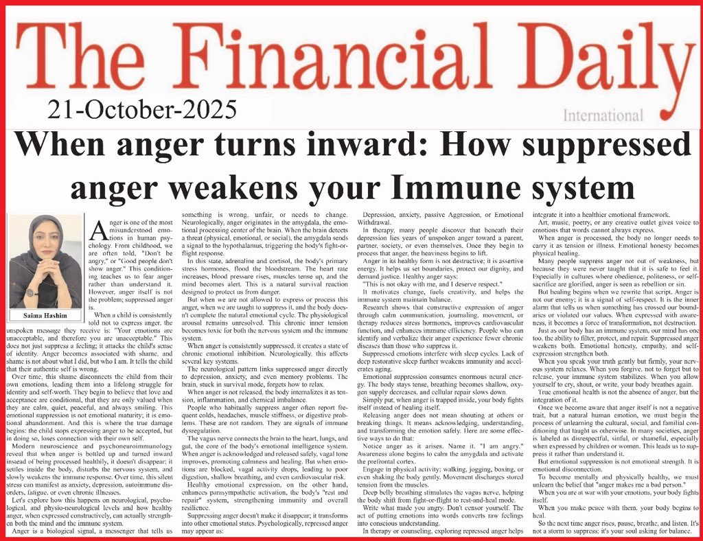 SaimaHash's tweet image. My today’s article!
Suppressing anger isn’t emotional strength, it’s silent damage to your immune system. You need to process your anger, not bury it, because unexpressed emotions don’t disappear; they turn into illness.
thefinancialdaily.com/when-anger-tur…