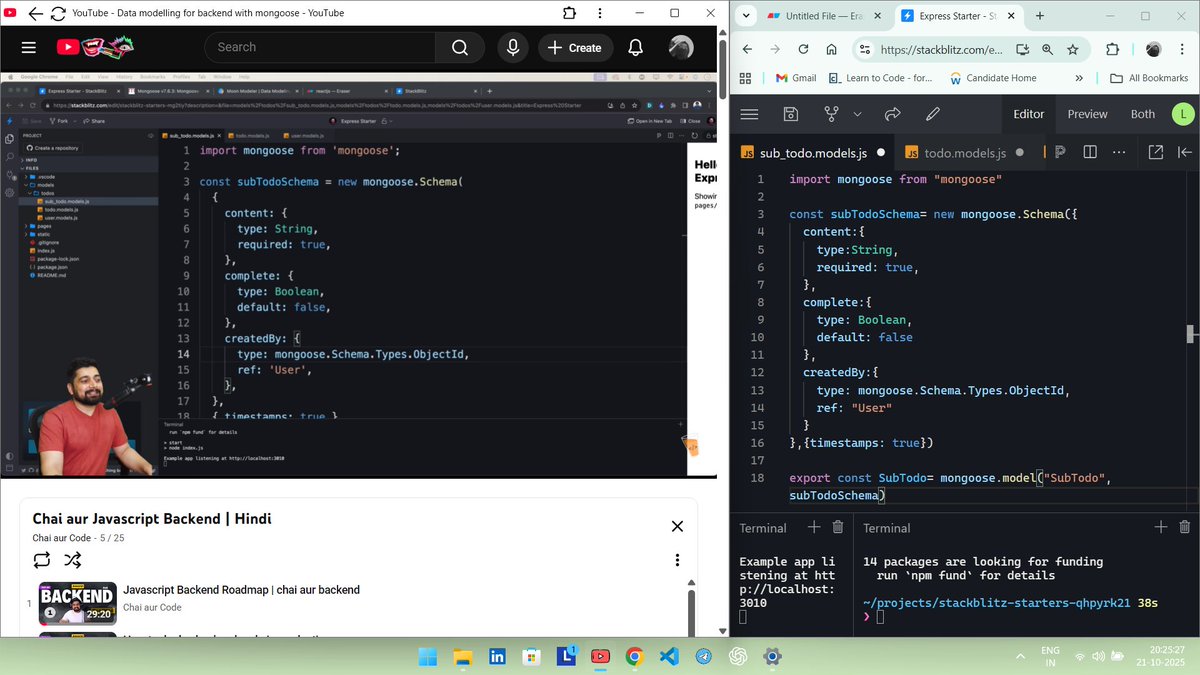codeXninjaDev's tweet image. Day 5 of #BackendNinjaChallenge🥷 by @ChaiCodeHQ &amp; @Hiteshdotcom 
Dived into data modeling with Mongoose &amp; MongoDB! Built userSchema, todoSchema &amp; subTodoSchema, learned about refs, validation, timestamps &amp; data relationships. Structuring backend data feels next level! 💻🔥