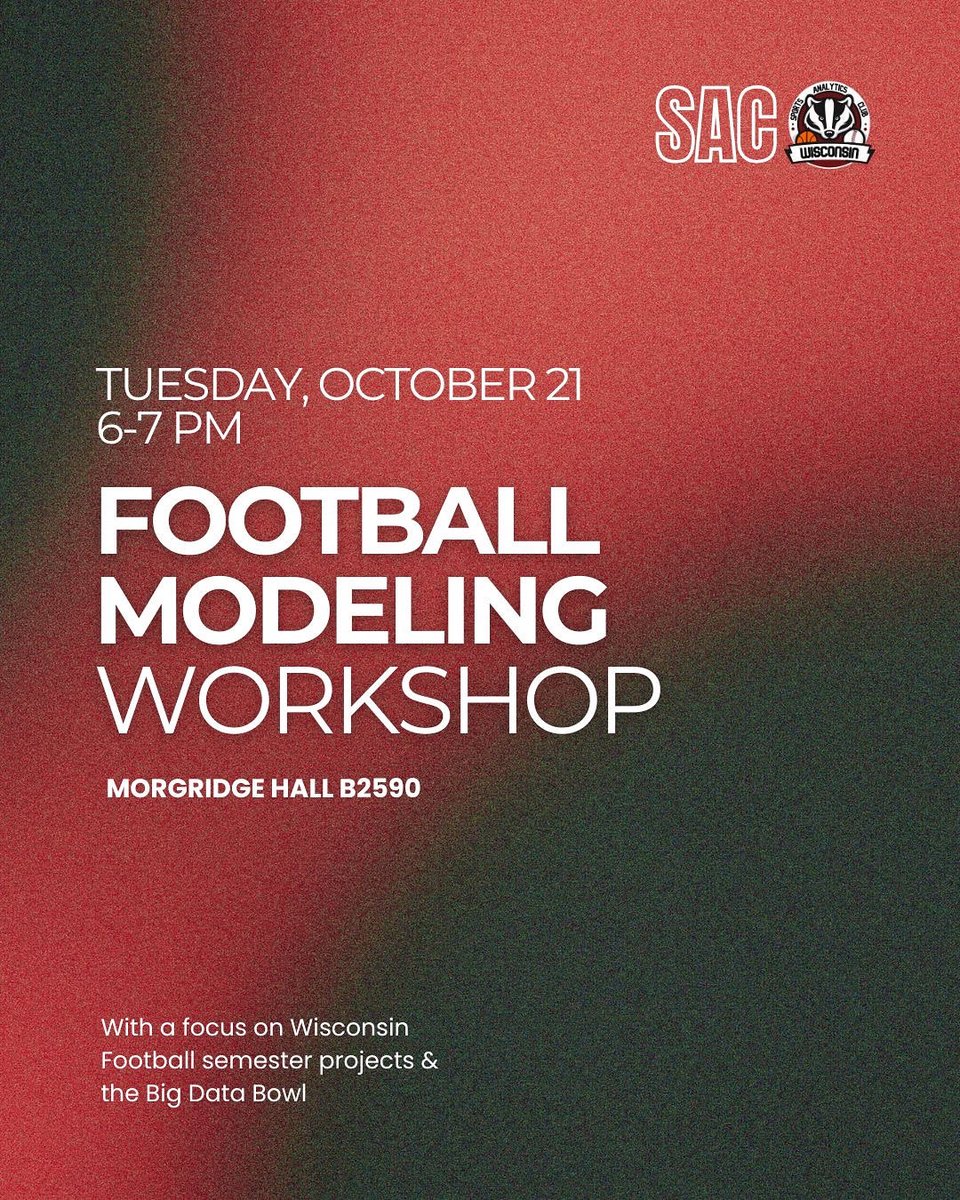 Wisco_SAC's tweet photo. This week’s meeting will be a workshop on football modeling, with a focus on our semester projects with Wisconsin Football. In addition, we will talk more about the Big Data Bowl. See you all tonight!

🗓️ Tuesday, October 21
⏰ 6-7 PM
📍 Morgridge Hall B2590 https://t.co/NThT3c7MQO