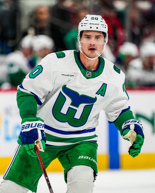 Photo of Sebastian Aho wearing the Canes white Whalers uniforms 