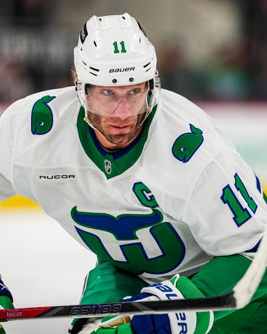 Photo of Jordan Staal wearing the Canes white Whalers uniforms 