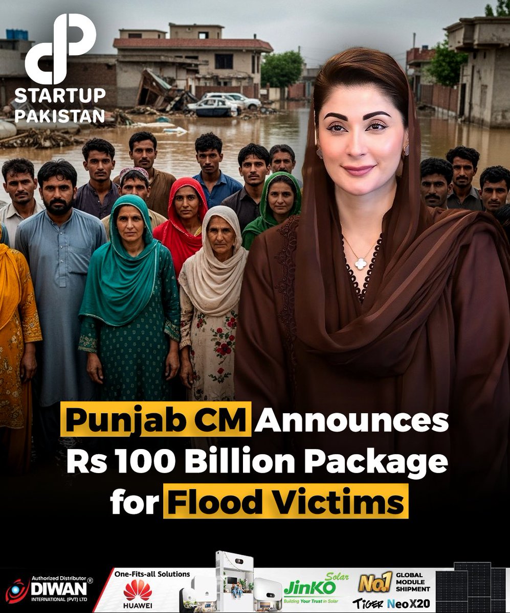 PakStartup's tweet photo. Punjab Chief Minister Maryam Nawaz Sharif has unveiled a landmark Rs100 billion package dedicated to rehabilitating flood vict_ims across the province.
#MaryamNawaz #PunjabNews #FloodRelief #RehabilitationProgramme #FloodV!ctims https://t.co/LKbg17U7KI
