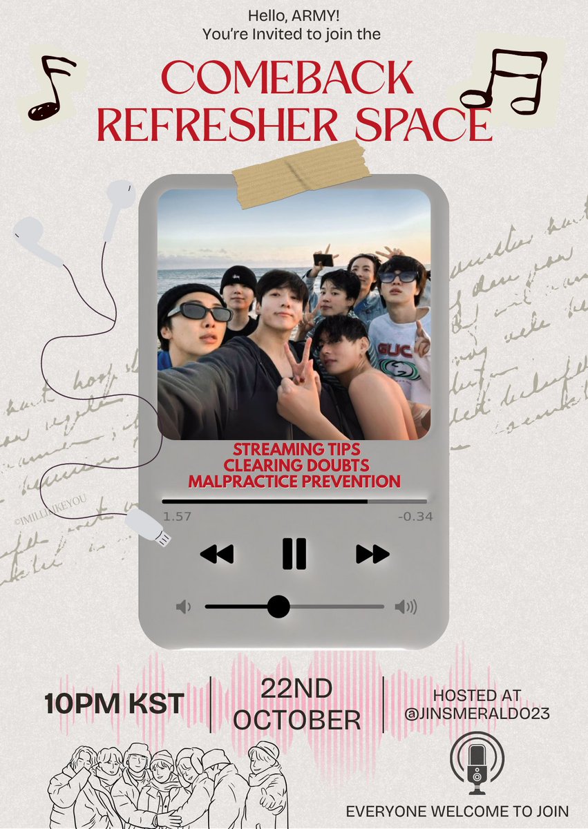 jinsmeraldo23's tweet image. “Spaghetti” comeback special space for ARMYs (Fearnots are welcomed to join) 💜
Let's go over what to do and not to do and have fun!! 🥳
Time: 10PM KST, 22 October!