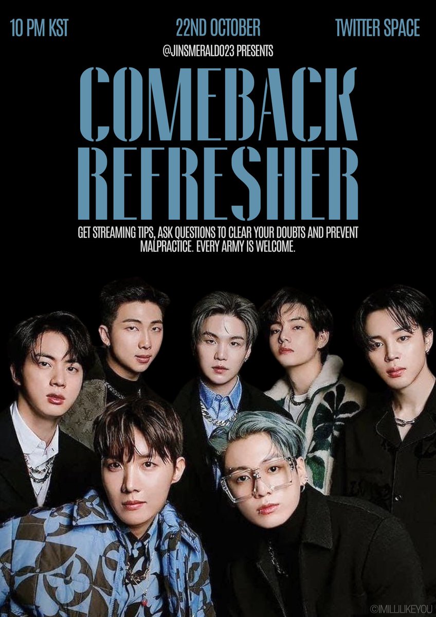 jinsmeraldo23's tweet image. “Spaghetti” comeback special space for ARMYs (Fearnots are welcomed to join) 💜
Let's go over what to do and not to do and have fun!! 🥳
Time: 10PM KST, 22 October!
