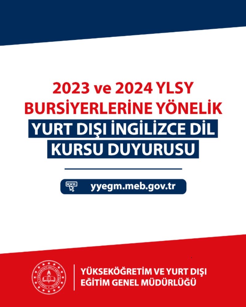 Nyegitimatase's tweet image. Yurt Dışı İngilizce Dil Kursu Başvurusu Başladı! 

Belge Yükleme: 20 Ekim – 19 Kasım 2025
Başvuru: 24 – 28 Kasım 2025

Kimler Başvurabilir?
YLSY 2023–2024 bursiyerleri

Başvuru: REBUS üzerinden

Detaylı bilgi için: yyegm.meb.gov.tr

@tcmeb @mebyyegm