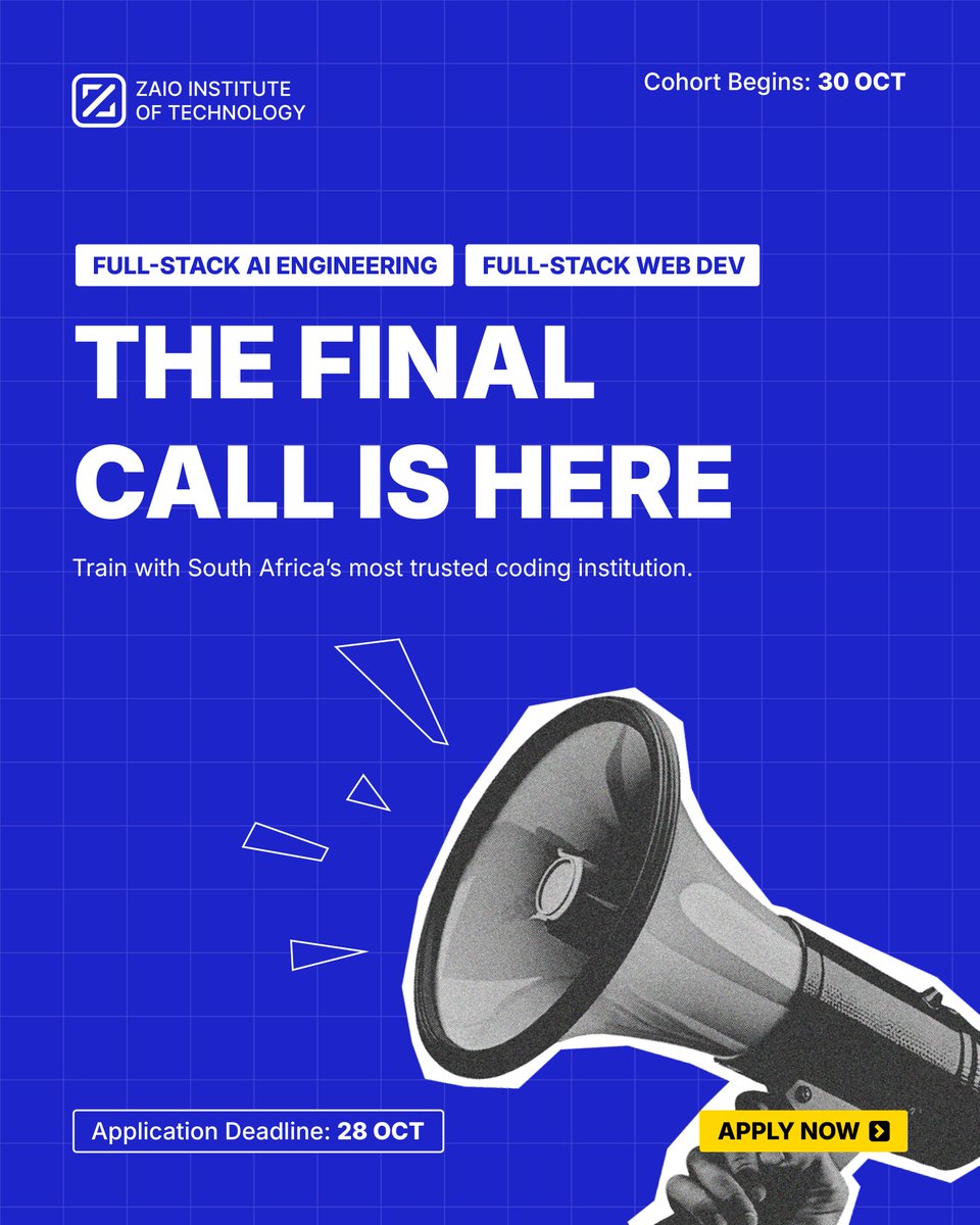zaiotech's tweet image. THE FINAL CALL IS HERE 🚨
Train with South Africa’s trusted coding school. Join FSAIE & FSWD bootcamps.
Deadline: 28 Oct | Start: 30 Oct
Apply now → zaio.io
#Zaio #CodingBootcamp #FullStackDev #AIEngineering #TechCareers #LearnToCode #JobReady…