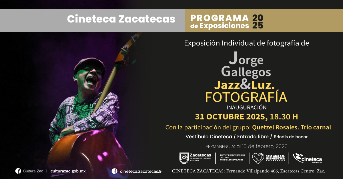 📷| Asiste y disfruta de la inauguración de la exposición  "Jazz &amp; luz" de Jorge Gallegos. Este viernes 31 de octubre, a las 18:30 horas, en el vestíbulo de la <a href="/CinetecaZac/">Cineteca Zacatecas</a> , entrada libre.

#ZacatecasEsCultura
#PazEsBienestar🕊