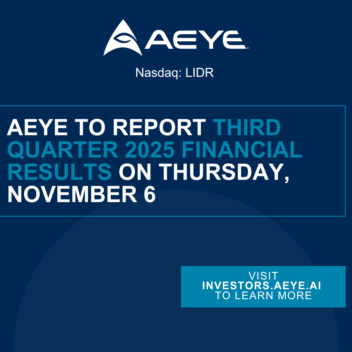 We'll be releasing our 3Q25 financial results on Thursday, November 6 after the market close. Join CEO Matt Fisch and CFO Conor Tierney for the conference call at 2 pm PT. Visit our IR site for more details: 
aeye.ai/press-releases… #AEye #FinancialResults #Earnings